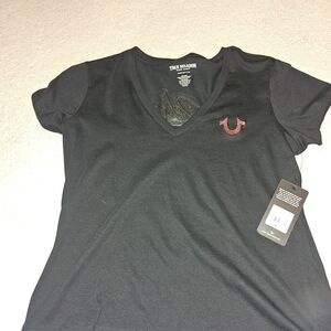 True Religion Women's Black V-Neck Tee with Red Logo